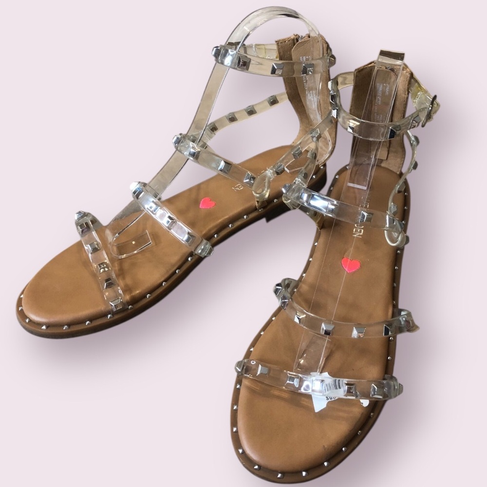 Steve Madden Clear Studded T-Strap Sandals with Brown Footbed